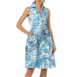 Akris St. Gallen Map Print Denim Shirt Dress Blue White Sleeveless Collared 8